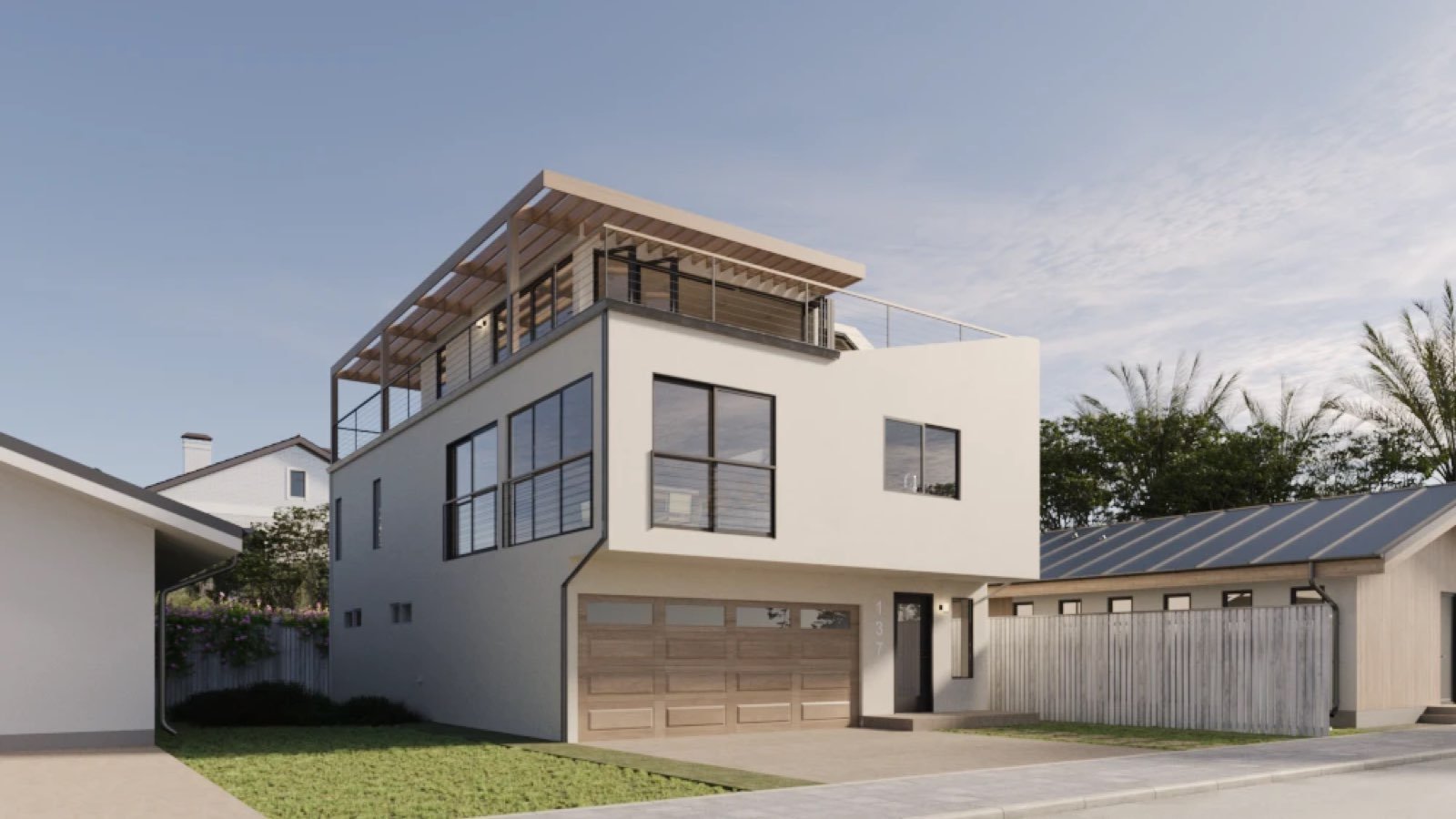 Modern three-story custom home with rooftop deck — street view rendering