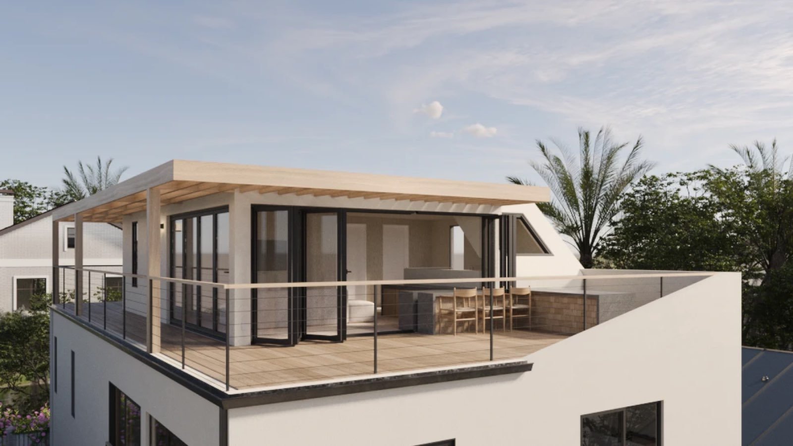 Rooftop deck with pergola and folding glass doors — rendering