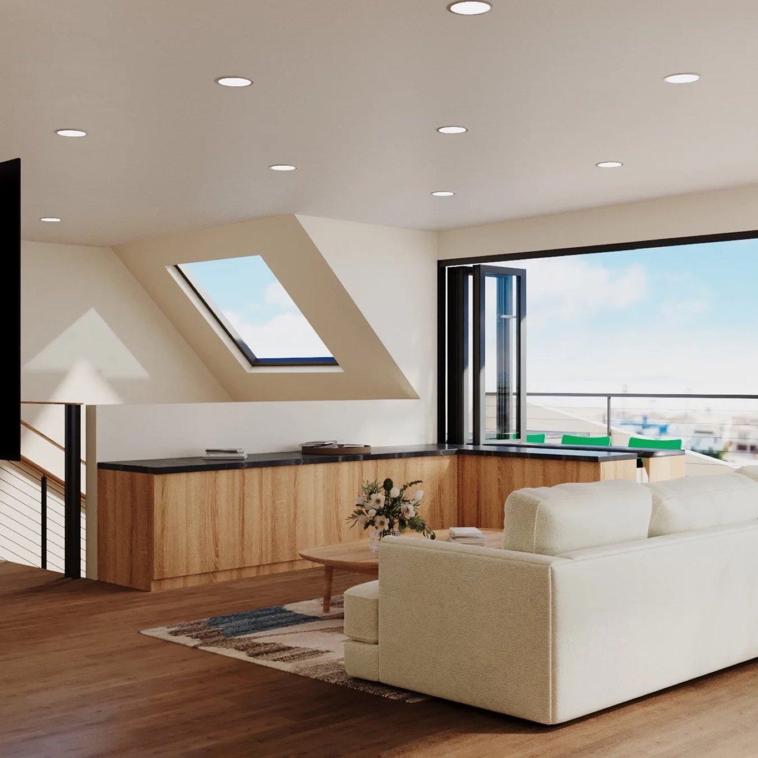 Top-floor living room with skylight and balcony — rendering