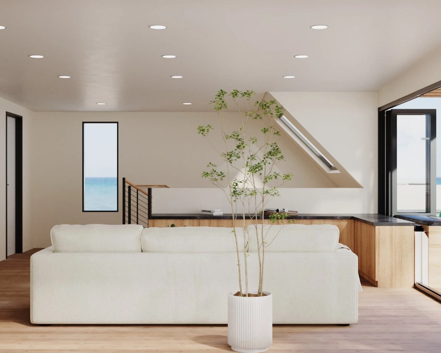 Living room with ocean-view window and open kitchen — rendering